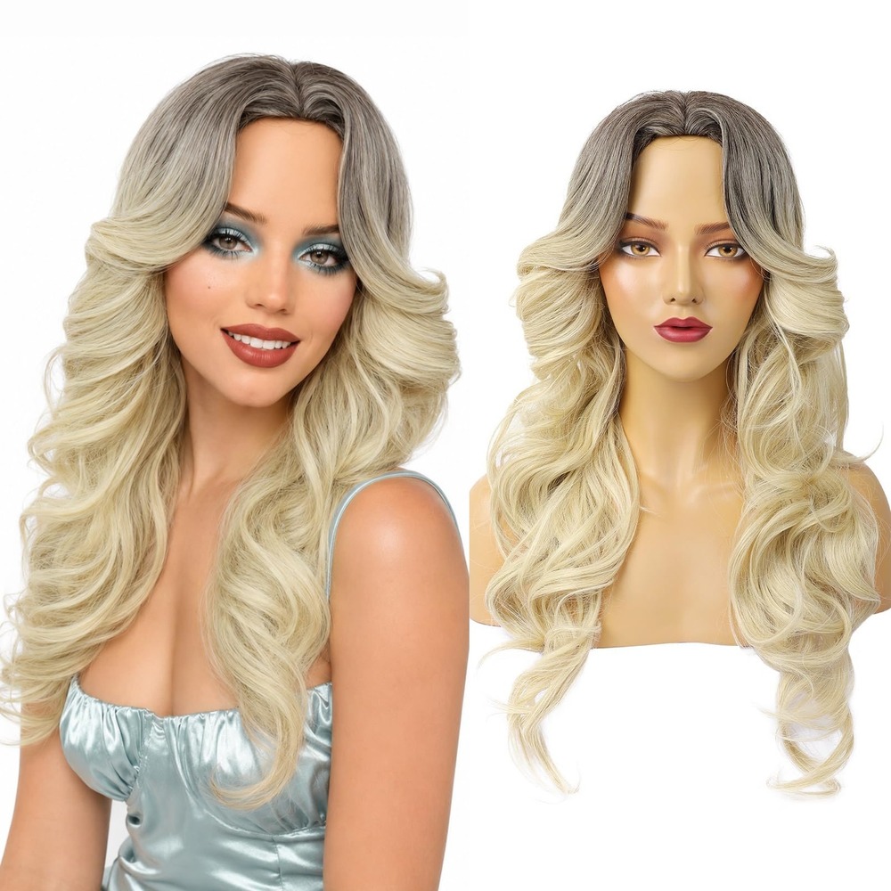 NWT REECHO 70s Blonde Feathered Wig Long Curly Ombre Costume Disco